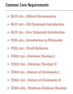 Image of required coursework from Olivet Nazarene University’s Bachelor's in Biblical Studies program.
